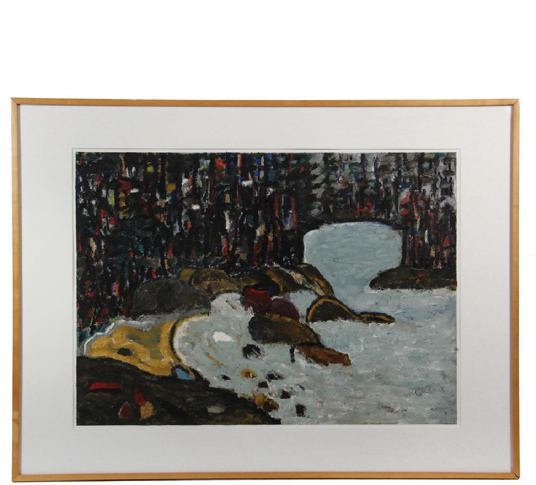 ALICE STEINHARDT (Contemporary Brunswick ME): "Wolfe's Neck", oil on paper, titled verso and dated 1986 on the Frick Gallery of Belfast, Maine label verso, in maple box frame, floated within mat under plexiglas, OS: 30 1/2" x 39 1/2", SS: 22" x 3