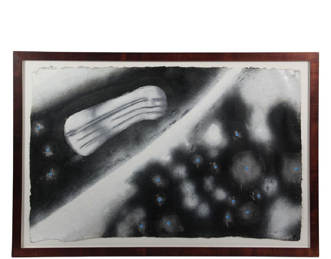 DAVID HUMPHREY (NY, 1955 - ): "Remembering Florida", mixed media on handmade paper, unsigned, titled verso on Contemporary Arts Center of Cincinnati label, in mahogany box frame, floated over white board under plexiglas, OS: 29" x