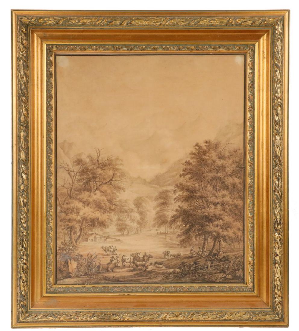 18TH C. GERMAN SCHOOL: Cow Herd and Laborers in an Alpine Valley Farm, sienna ink on paper, unsigned, circa 1750, in replica gold gesso frame, under glass, OS: 23" x 20", SS: 17" x 14". Good condition, not examined out of f