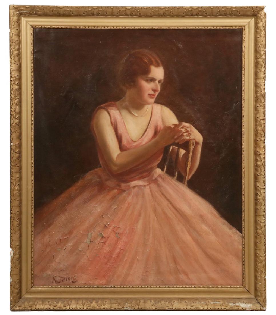 1930'S POLISH SCHOOL: Lady in Pink, a life-sized portrait, signed lower left "A. Jasyad", paper label verso reads "Prezydium Rady Narodirova, M. Posatovia, (signed J. Jasiecka), Wydzial Fuitura, Konsevator Zahythow Miasta"