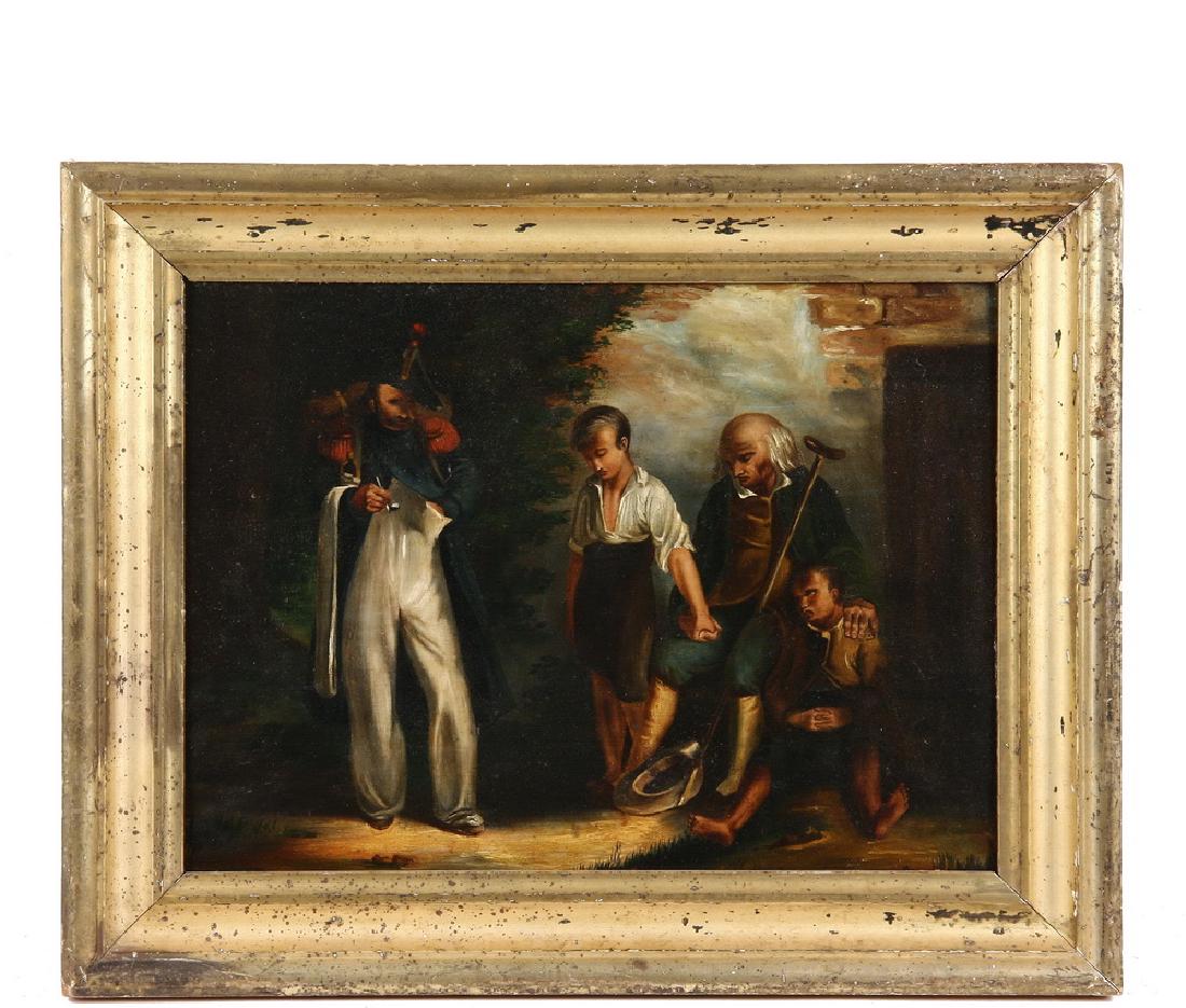 19TH C. FRENCH GENRE ARTIST: A Soldier Taking Leave of his Father and Sons, oil on panel, unsigned, in lemon gold molded frame, OS: 14 1/2" x 18", SS: 10 1/2" x 14". Good condition.