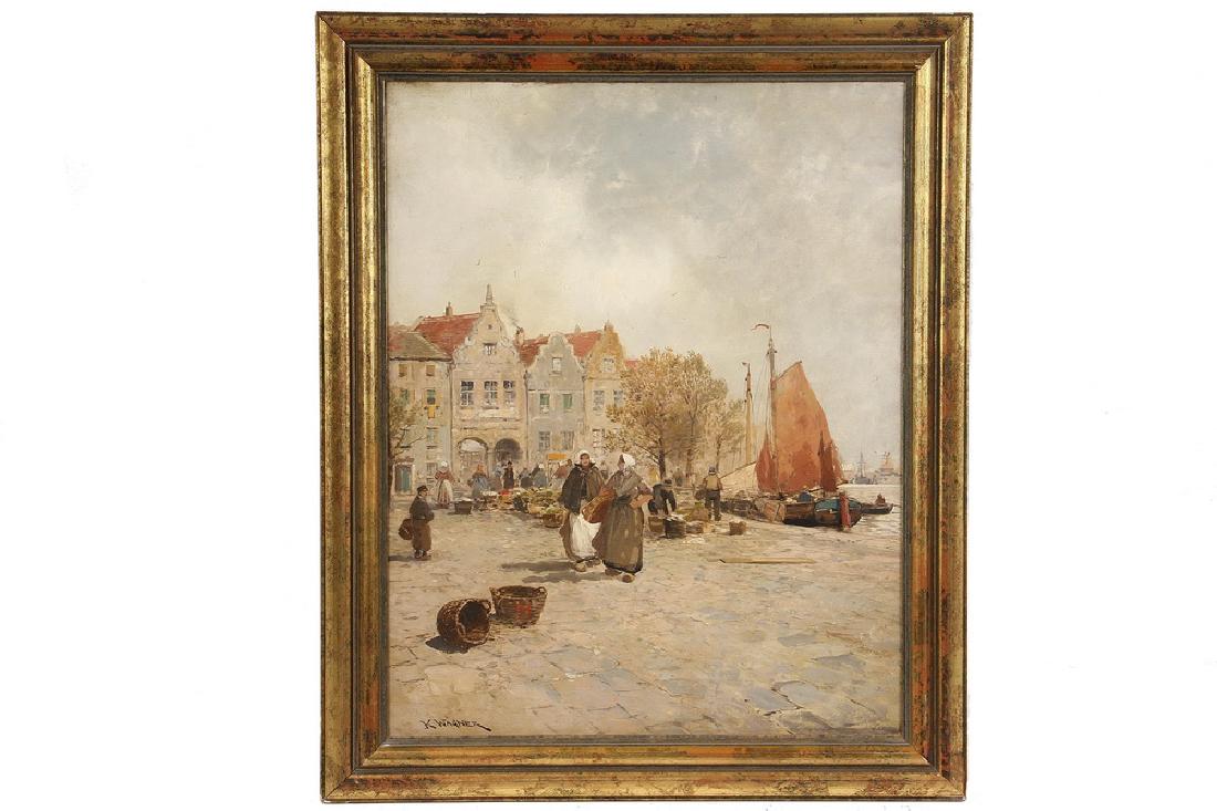 KARL LUDWIG FRIEDRICH WAGNER (NY/Germany, 1839-1923): Old Amsterdam Harbor, oil on battened panel, signed lower left, in sponged gold molded frame, OS: 24" x 20", SS: 20" x 16". Good condition, light repaired crack lower right.
