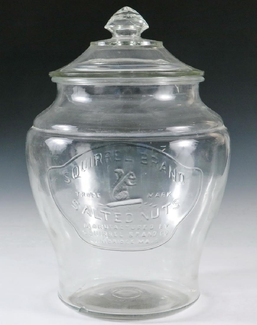 ICE CREAM PARLOR ADVERTISEMENT JAR: Circa 1910 Store Countertop Clear Glass "Squirrel Brand Salted Nuts" Jar with lid, having raised lettering in shield featuring a profile view of a feeding squirrel, "Manufactured by the Squirrel Nut C