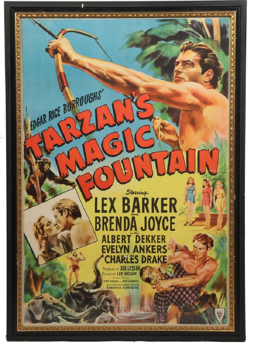 FRAMED MOVIE BROADSIDE POSTER: "Tarzan's Magic Fountain", starring Lex Barker, Brenda Joyce, Albert Dekker, Evelyn Ankers and Charles Drake. RKO Pictures. 1949. In black molded frame with gilt liner, under glass. OS: 42 1/2" x 29",