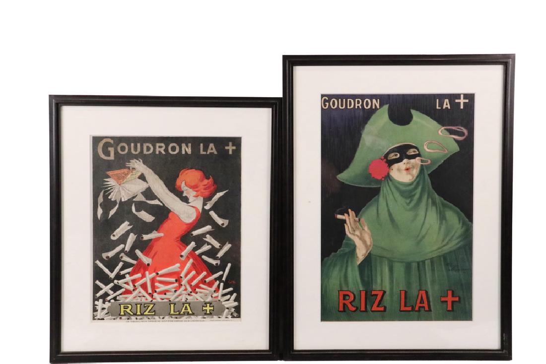 (2) FRENCH CIGARETTE ADS: Both vintage 1920s, for "Goudron la + Riz la +", featuring a Woman in Green Italian Festival Costume, OS: 23" x 17 1/4", SS: 17" x 11 1/2"; PLUS Red-Haired Woman in Red Dress shaking cigarettes out of