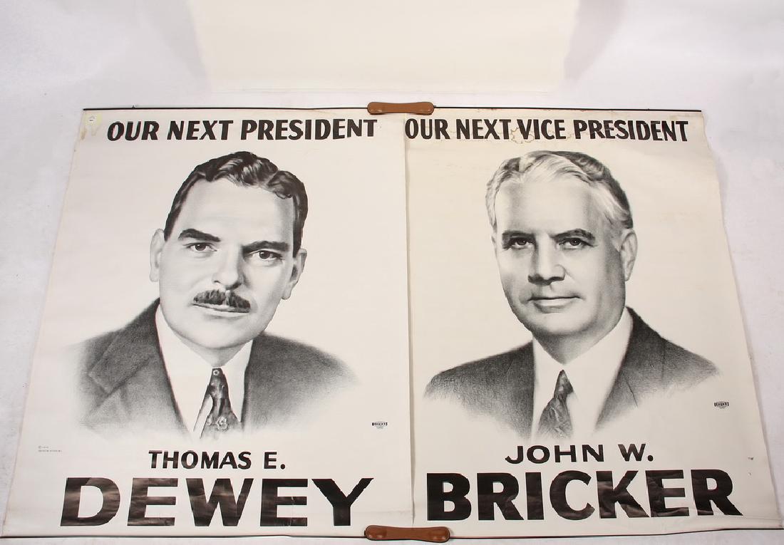 RARE DEWEY/BRICKER 1944 CAMPAIGN BROADSIDES: Pair of "Town Hall" Posters, "Our Next President, Thomas E. Dewey" & "Our Next Vice-President, John W. Bricker", 1944 campaign, on heavy stock, with black metal ends, printed by Greystone Studios. 52"
