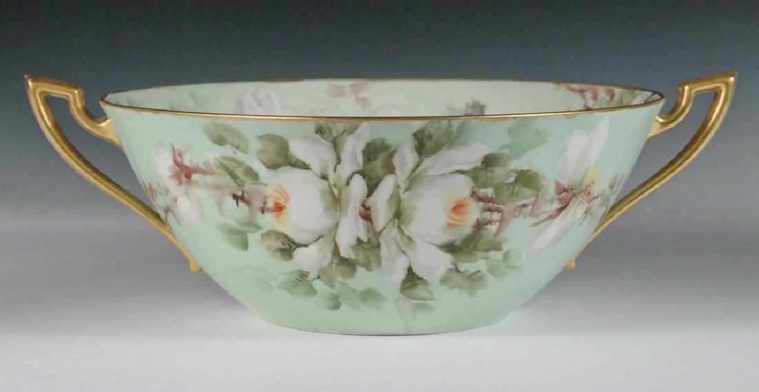 BOWL: French Limoges Porcelain Two-Handled Bowl, by L. Bernardaud & Co., c. 1930s, with hand painted white roses and bees decoration signed E. Thomas, gilt handles and edges, 3 3/4" high, 12" wide (includin