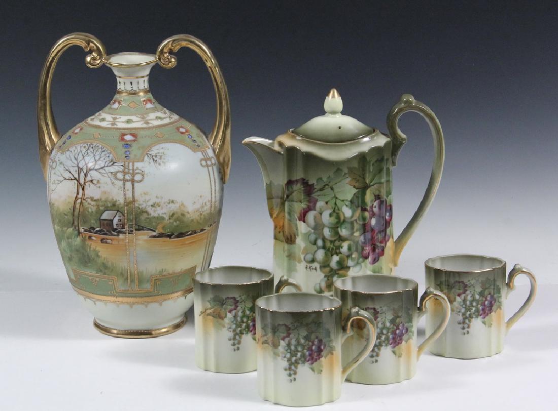 (6 PCS) FINE PORCELAIN: Including: A&C Bavaria Hot Chocolate Pot with four matching cups, in green, having hand painted grapes signed 'A. Koch', 9" & 3" tall; PLUS Nippon Hand Painted Vase, 1930s, with landscape, gilt detail
