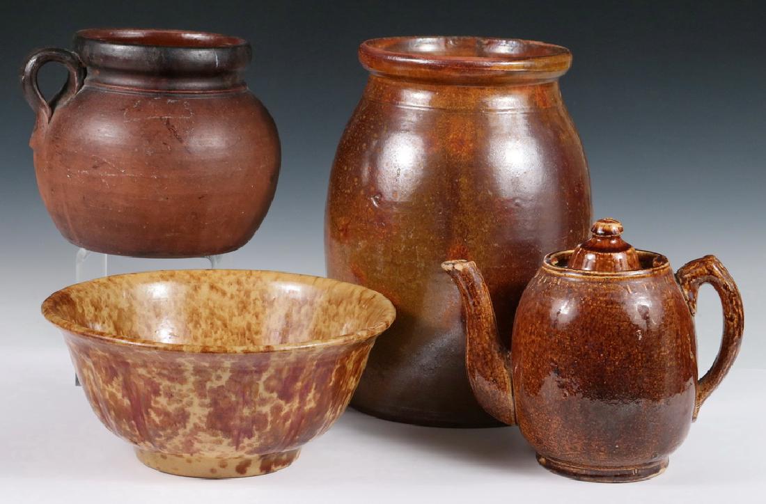 (4 PCS) 19TH C. AMERICAN CROCKERY: Including: Redware 2 qt Bean Pot, 6" x 8" diam, nice use patina; PLUS Redware Preserve Jar with speckled glaze, 10" x 7" diam., good condition; PLUS Brown Spongeware Mixing Bowl, 4" x 8 3/4", good con