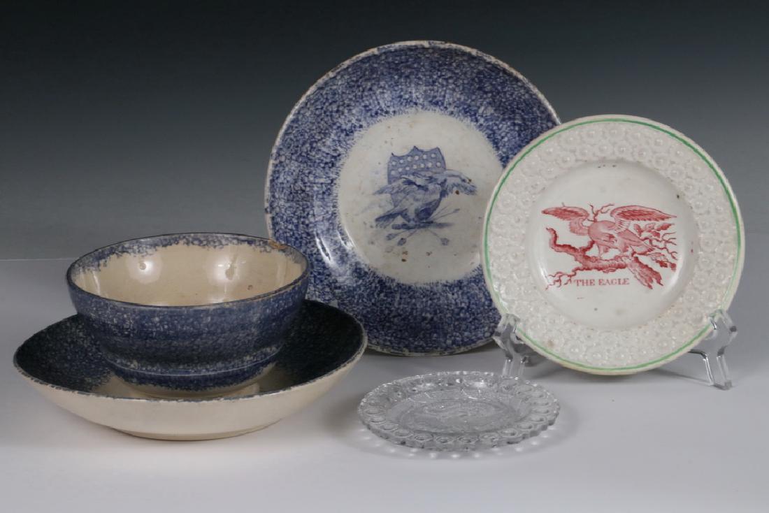 (4 PCS) POTTERY & (1) GLASS EAGLE THEMED: Cranberry on Creamware Tole English Transferware Plate with green rim, marked "The Eagle", circa 1830, 5" diam.; PLUS (2) Saucers & Handleless Cup in blue spongeware soft paste with transferware Eagle