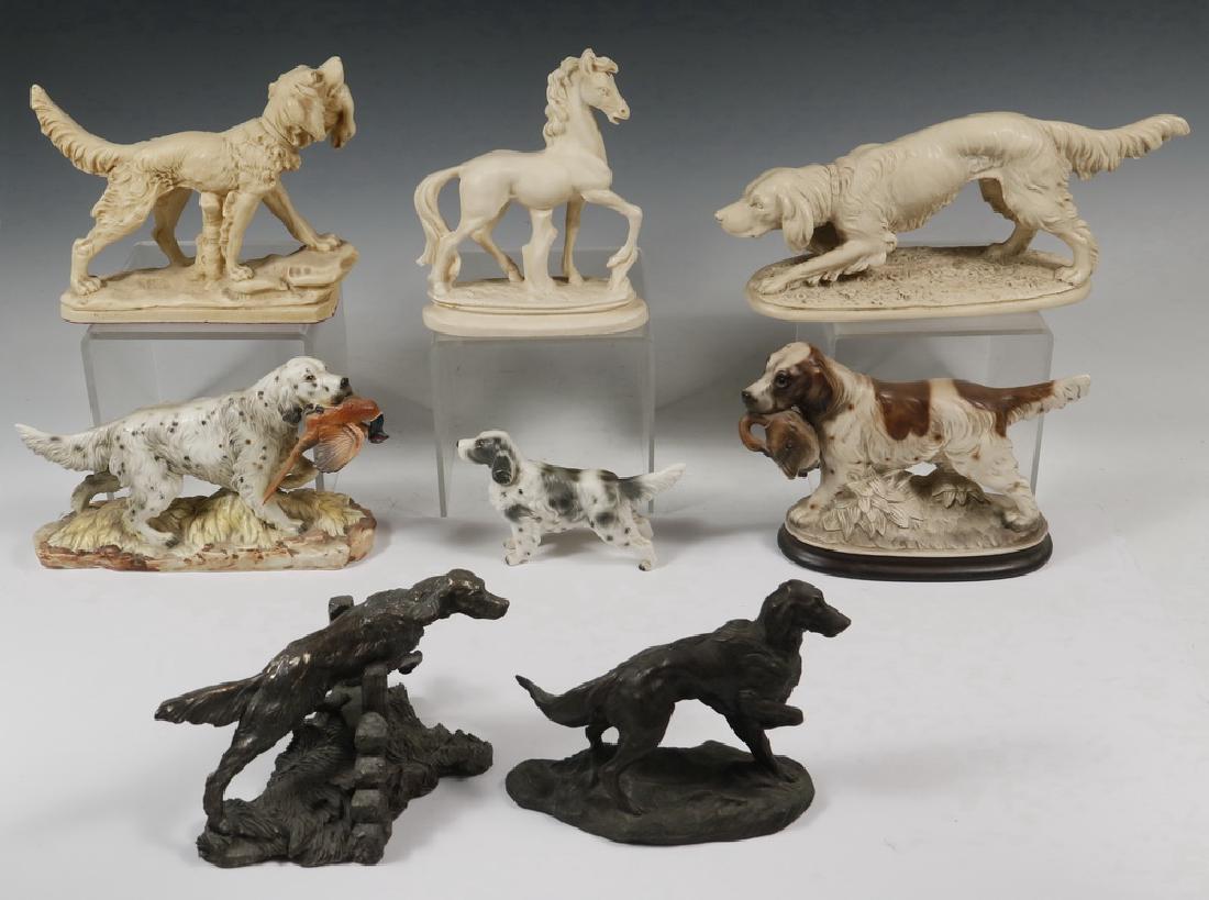 FIGURINES: Group of (8) Assorted English Setter and Horse Figurines, including: Hunting setter by Santini, Italy, in resin, 7" high, 8 1/4" x 2 1/2"; Santini pointing setter, in resin, 5 1/2" high, 12 3/4" x 3 5