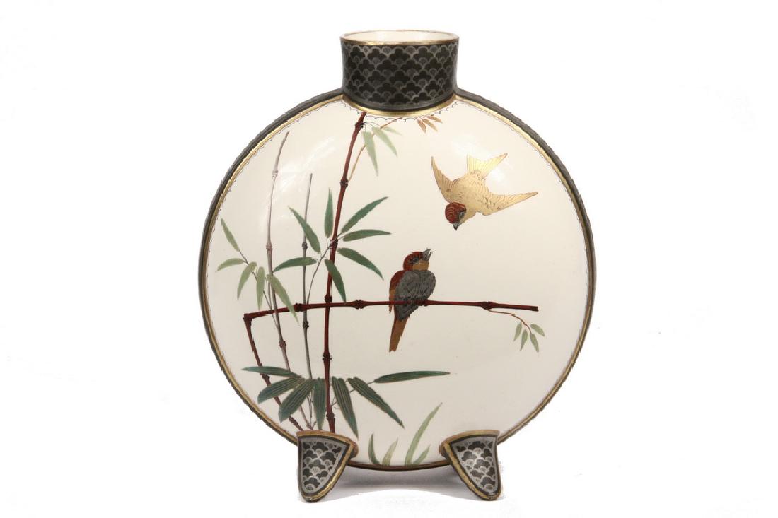 ENGLISH AESTHETIC PERIOD VASE: Rare Aesthetic Movement Moon Vase in Japonism decoration of birds and a butterfly with bamboo, polychrome with silver and gilt work, resting on four splayed feet, unmarked, probably Royal Worcester, c