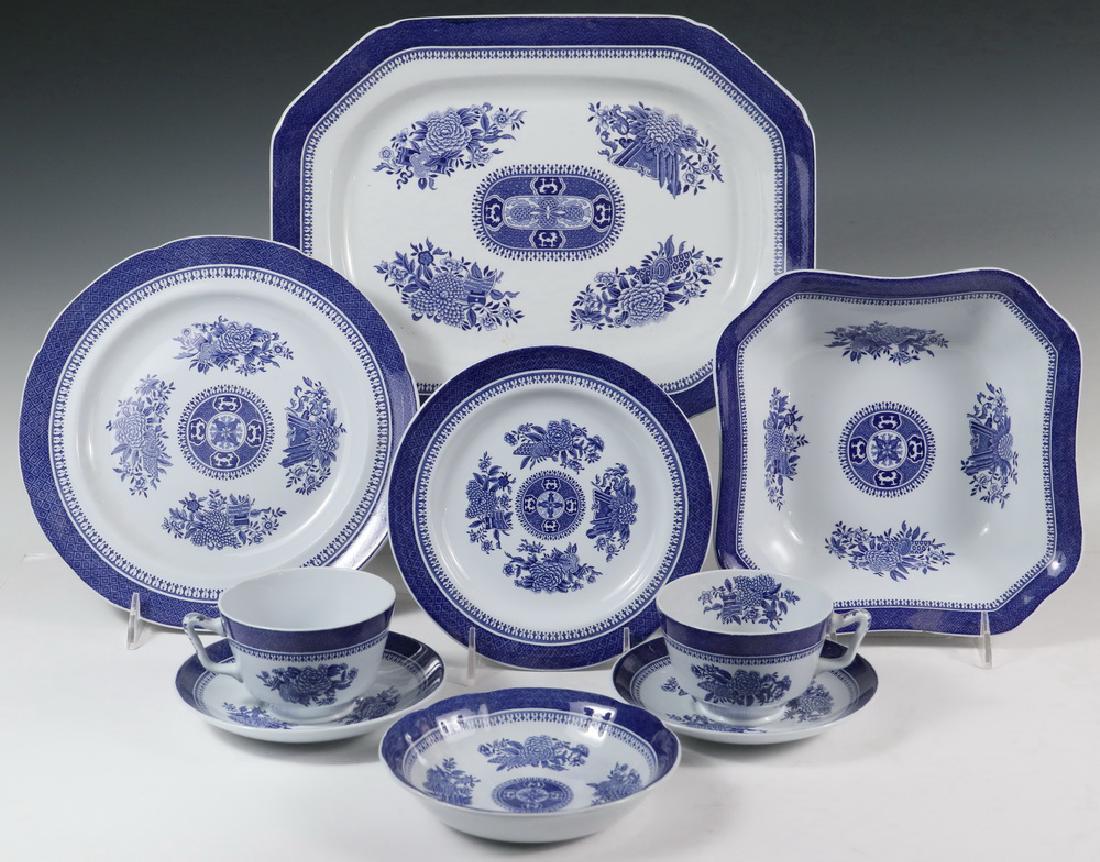 SPODE CHINA: (72) Pieces of Copeland Spode Stone China in the Spodes Fitzhugh Blue Pattern, including: (1) 14" x 10 1/2" platter; (1) serving bowl, 2 7/8" high, 8 3/4" x 8 3/4", one under-edge rim chip; (11) 10 1/