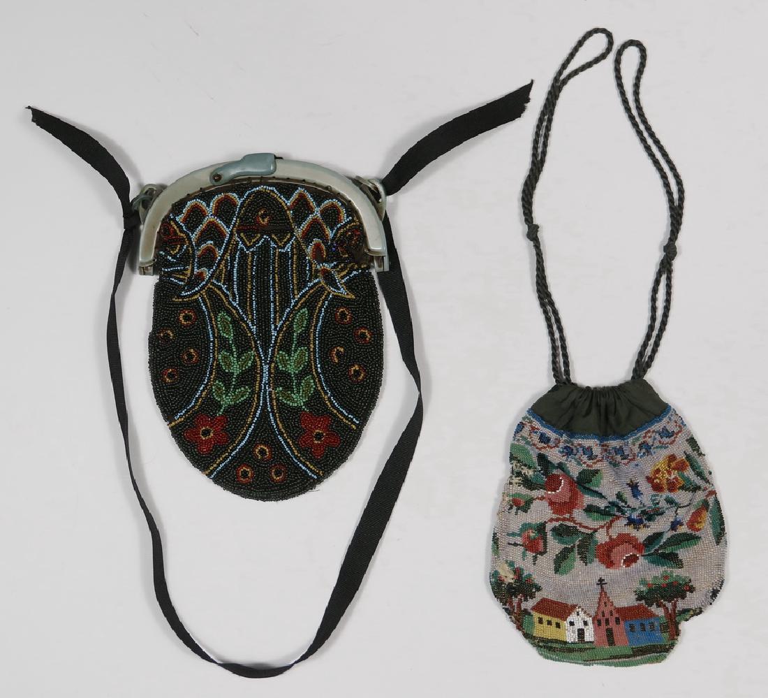 PURSES: (2) Vintage Beaded Purses, including: 1920s-30s oval bag with green plastic frame and floral decoration on black background, ribbon strap, 8" x 5 3/4", 11 3/4" drop from top of strap, strap is a repla
