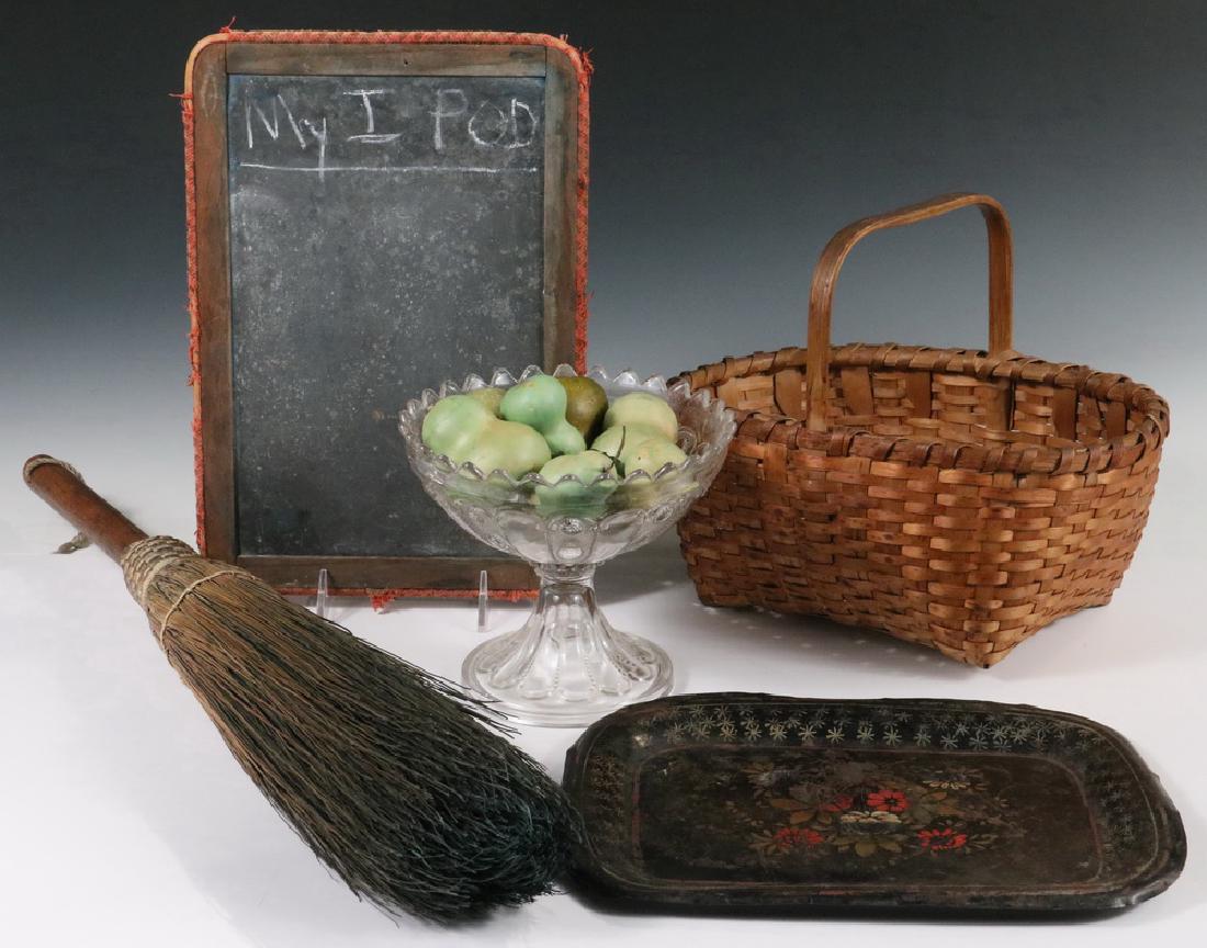 (5 PCS) AMERICANA ANTIQUES: Including: Small Ash Splint Basket with rigid handle, 9 1/2" x 12" x 8", fine condition; PLUS Small Pattern Glass Compote with dried gourds, 6" x 7" diam., good condition; PLUS Floral Tole Tray in red
