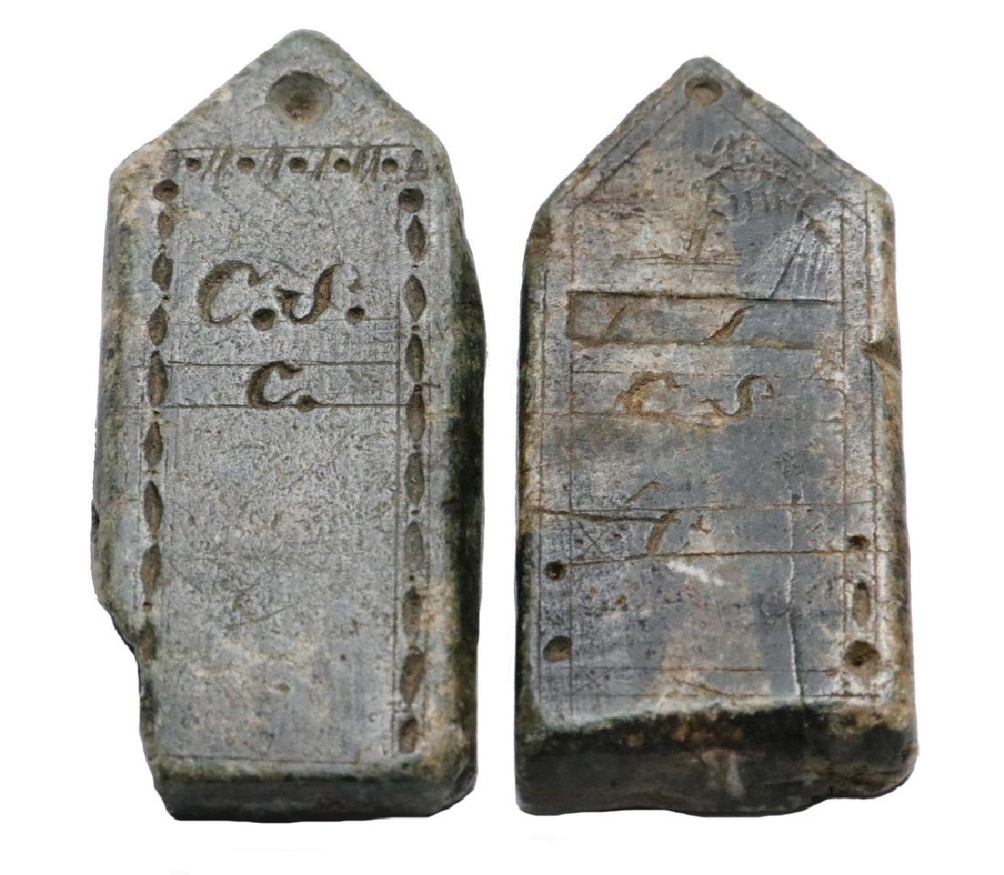 CARVED TABLETS: Group of (2) Early Carved Soapstone Tablets, perhaps game markers, possibly sailor made, both with pointed tops and carved initials "C.S." and "C.", and one with tree image, the other with decorative 