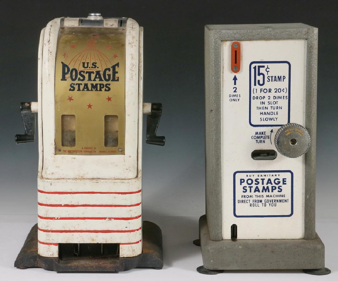 (2) VINTAGE US POSTAGE STAMP VENDING MACHINES: Including: Art Deco Enameled Case, 10 & 25c, Northwestern Corp, Morris, Ill., featuring the Capitol Building dome on the gold front marked "US Postage Stamps", with black iron base, 15" x 8 1/2" squar