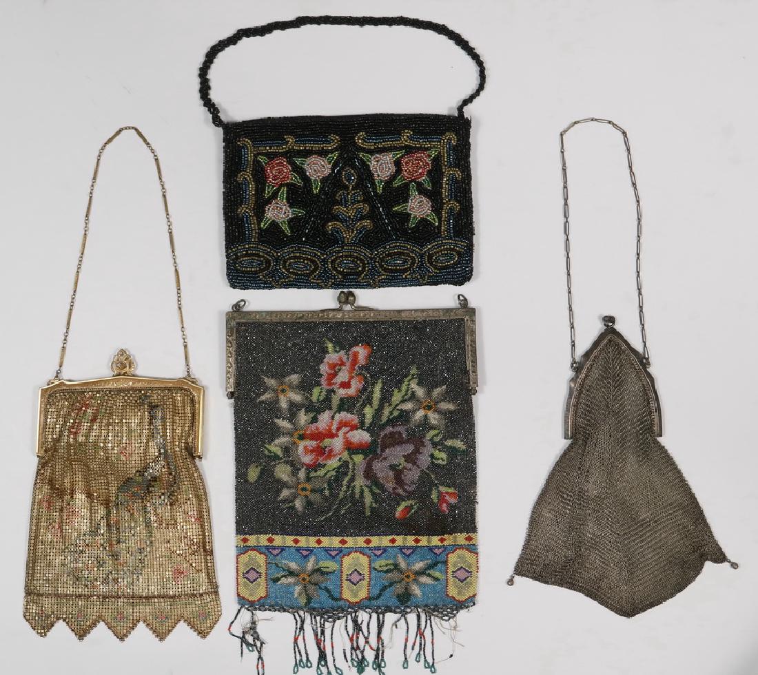 LADY'S PURSES: Collection of (4) Vintage Mesh and Beadwork Evening Bags, including: Gold tone enameled metal mesh bag with peacock decoration, c. 1920, with satin lining and hanging chain, 8 1/4" x 4 5/8", 7", mesh
