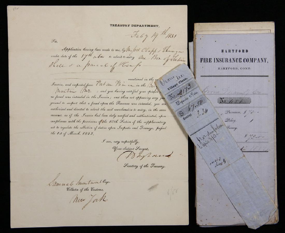 19TH C. INSURANCE & SHIPPING DOCUMENTS: Import Form, Feb 19, 1831, Brig Triton bringing from Port au Prince a load of tortoiseshell and hemp, signed by Secretary of the Treasury Samuel D. Ingham; PLUS (9) Insurance Policies, including (5) f