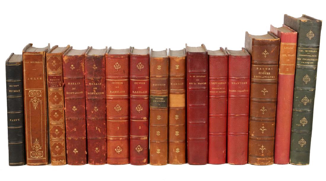 (15 VOLS) 19TH C. FRENCH LITERATURE: Including: "Contes Drolatiques"by Balzac, with 425 illustrations by Gustave Dore, Paris, Garnier Freres, nd, 8" x 5 1/4", 614 pps; (2 vols) "Oeuvres de Rabelais", 1870, Paris, Librarie de Firmin Didot
