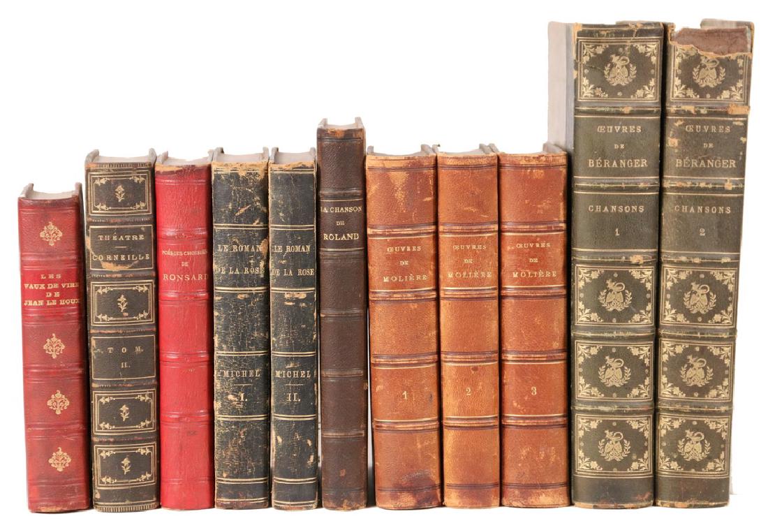 (7) TITLES FRENCH LITERATURE IN (11 VOLS): Including: (3 vols) "Oeuvres Completes de Moliere, notes par Charles Louandre, Paris, Charpentier et Fils, 1875, 7 1/4" x 4 3/4", 604/602/711 pps.; (2 vols) "Chansons de Belanger", with facsimile lett