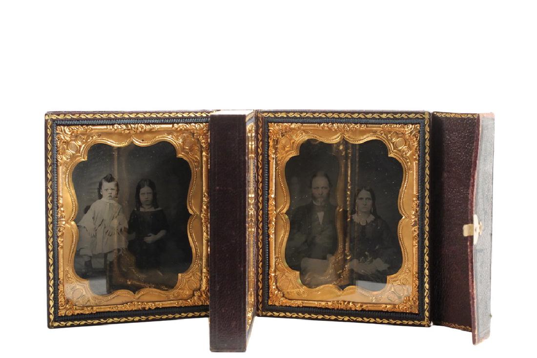 RARE CASED AMBROTYPE FAMILY SET: Four Sixth-Plate Double Portraits in one fine quality leather case, circa 1855, very sharp images in ruby ambrotype of two young girls, two young boys, two adult couples, found with papers of the Nick