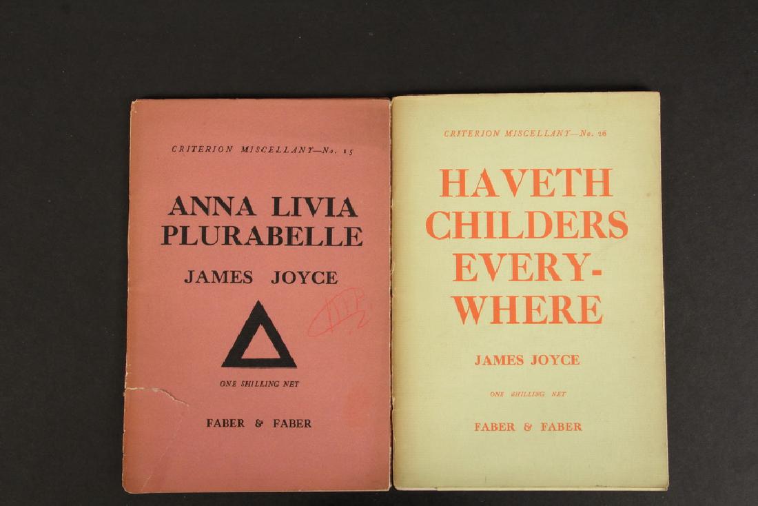 (2) RARE PAMPHLETS OF LITERARY FRAGMENTS: Both by James Joyce, published by Faber & Faber, with paper wraps over cardstock covers, including: "Anna Livia Plurabelle", Criterion Miscellany No. 15, fourth impression, 1932, 5 1/4" x 7 3/4", 32 p