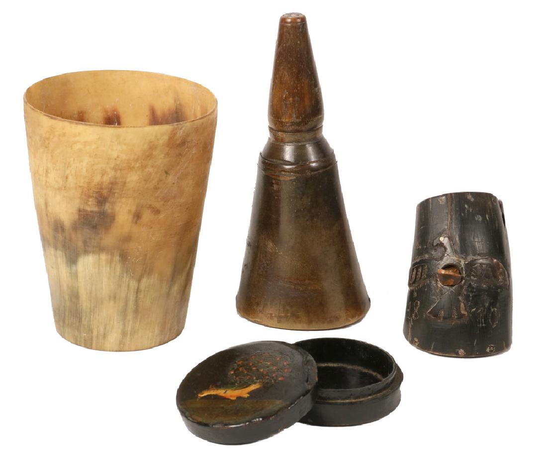 (3) HORN VESSELS & PAPIER MACHE SNUFF BOX: All early 19th c., including: Cow Horn Cup with recessed horn foot, 4 3/4'" x 3 5/8", PLUS Cow Horn Sand Shaker with pierced wood tip that threads on, wooden butt plug with incised 'X', 6" tall; PLUS 