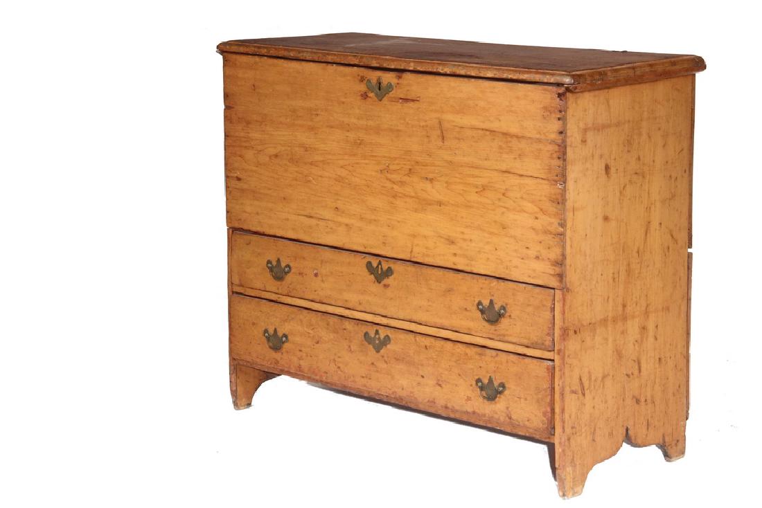 COLONIAL BLANKET CHEST: Country Pine Lift-Top Blanket Chest with single plank molded top having the original snipe hinges, covered till interior, single plank sides and front, two drawers below, what appears to be the origin