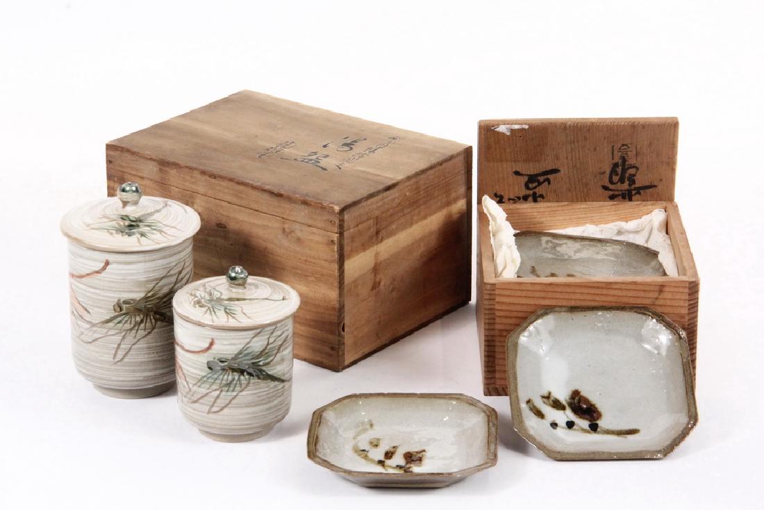 JAPANESE POTTERY PAIR OF JARS & (5) SMALL DISHES: All Mashiko, including: Two Cha-ire (tea containers), used to hold the powdered green tea for Cha-no-yu tea ceremonies, ribbed in the throwing, decorated with dragonflies, with domed and knopped lids,