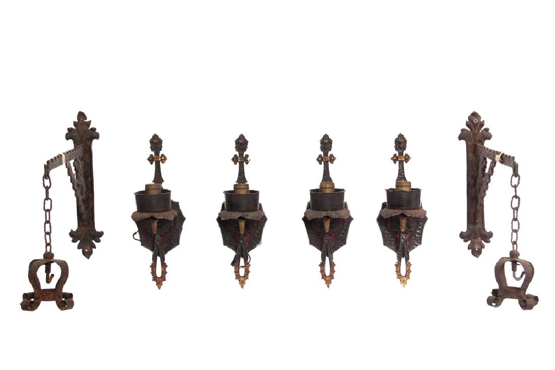 (SET OF 4) SCONCES & PAIR OF BRACKETS: Arts & Crafts Period Wrought Iron Sconces, with hammered surfaces, in black, gold and polychrome finish, single socket electric with concealed turn switch, 13" x 4 1/2" x 6"; PLUS Steel and Tin Bracke