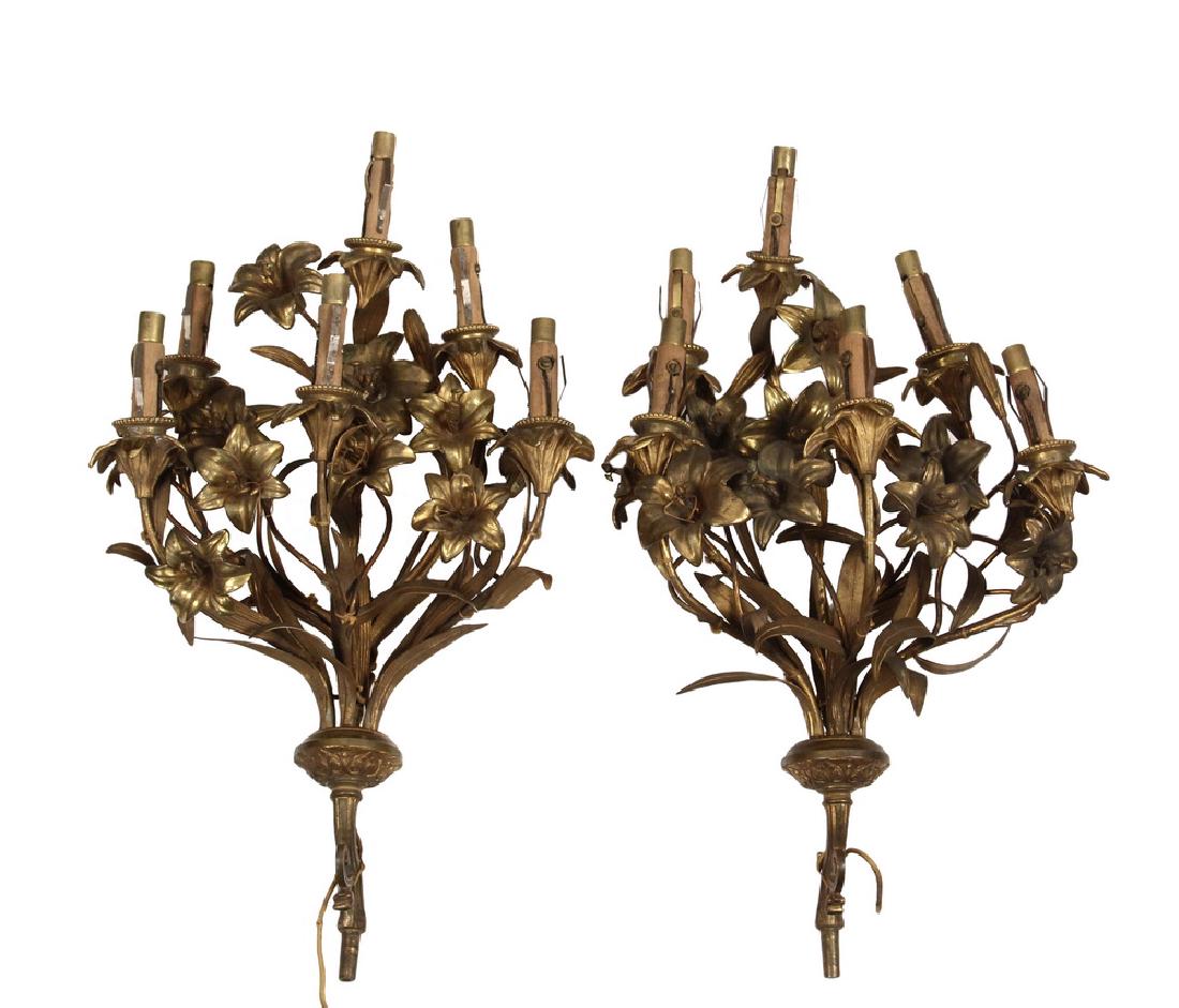 PAIR OF SCONCES: Late 19th c. Continental Gilt Bronze Six Arm Candle Sconces in the form of Lilies, probably Italian, electrified in the 1920s, roughly 19" x 13" x 9". Missing the mounting brackets and candle covers.