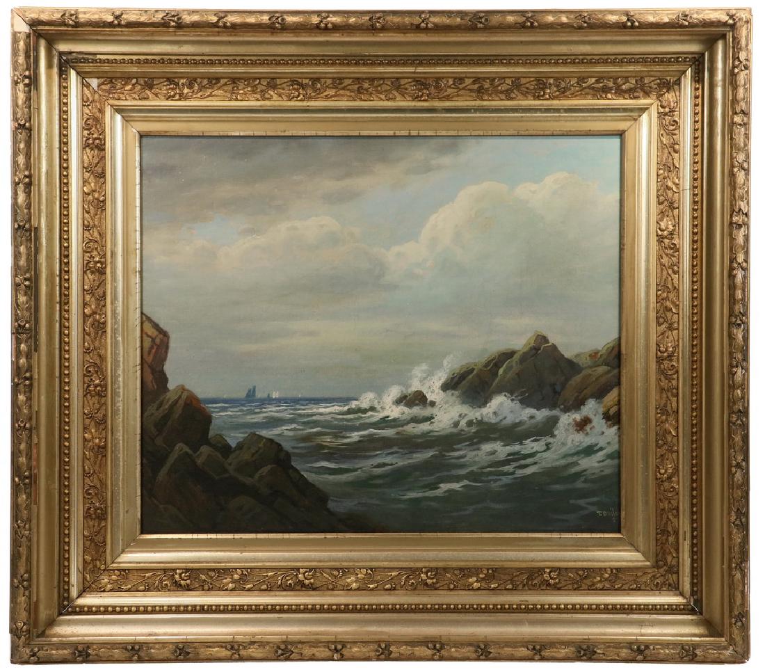 T. BAILEY AKA WILLIAM PASKELL (MA, 1866-1951): Cape Ann Whitecaps, oil on canvas, signed lower right "T. Bailey", in Victorian deep cove gold gesso frame, OS: 30" x 34", SS: 19 1/4" x 23 1/4". Cleaned and relined.