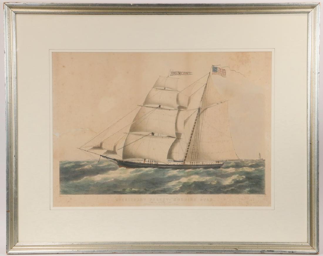 JOHN PERRY NEWELL (RI, 1832-1898), after CLEMENT DREW: "Missionary Packet 'Morning Star', Passing Boston Light", hand colored litho, published by J.H. Bufford for C. Drew, 18 Court St., Boston. In silvered molded frame, matted and glazed. OS: 23 3/4" x 29