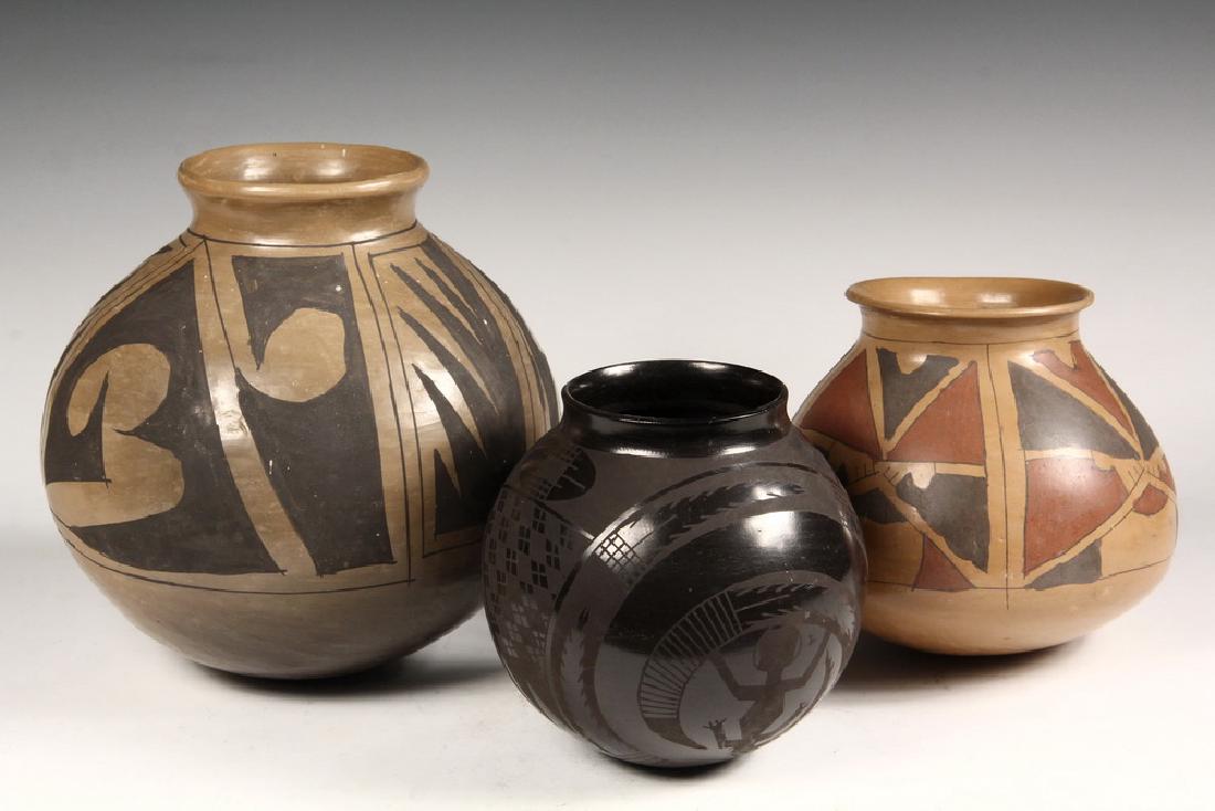 (3 PCS) MEXICAN PUEBLO POTTERY: Mata Ortiz, including: Black on Black Olla decorated with snakes, signed "David Ortiz", 6" x 6" diam; PLUS Red and Black on Yellow Ochre, unsigned, 6" x 7" diam; PLUS Black on Grey-Tan, 8 1/2" x 9" di