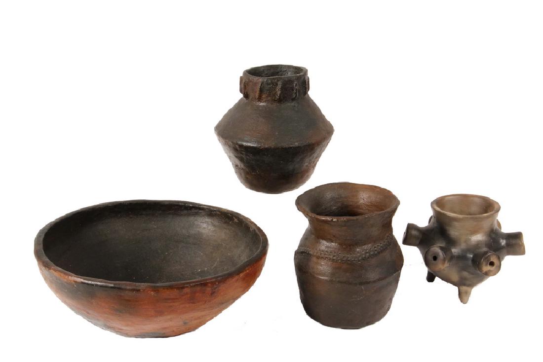 (4 PCS) NATIVE AMERICAN POTTERY: Contemporary Jicarilla Apache Scorched Pottery, all redware but the last, including: Large bowl, 4" deep, 11" diam; PLUS Jar with cinched neck, decorated with a raised serpent, 6" tall, 5" diam; PLUS