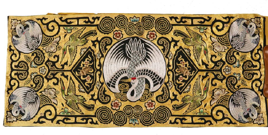 CHINESE ALTAR CLOTH: Bullion and Silk Embroidered Altar or Table Cloth featuring Cranes, with a black field and backing, mid 20th c., 18" x 42 1/2". Fine condition.