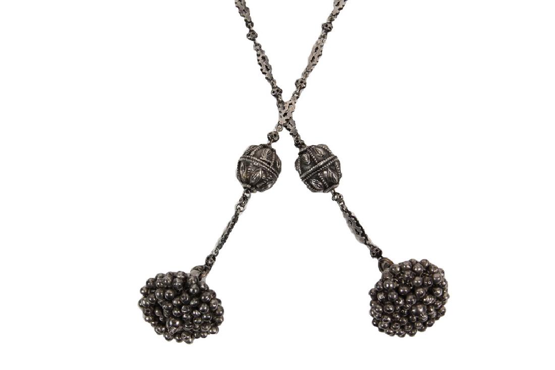 CHAIN BELT: 19th c. Indo-Persian Silver Link Tribal Belt or Neck Chain, with ornate multi-bead end tassels, 38 1/2" long; 3.42 ozt tw. Good condition.