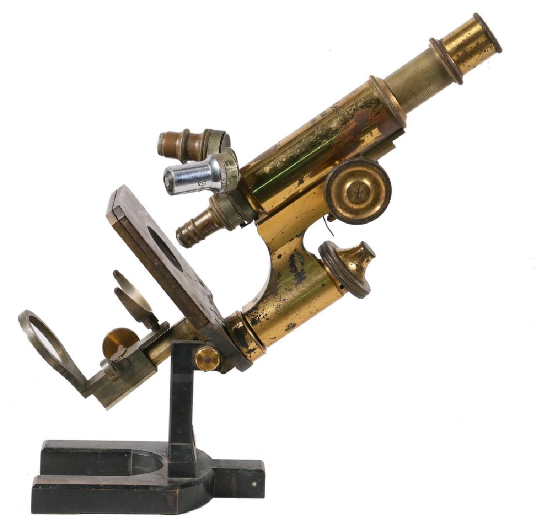 ANTIQUE MICROSCOPE: Carl Zeiss, Jena, No. 29048, brass and bronze with gutta purcha stage, "La Stand, Model VI", circa 1889, with rack and pinion focus, rack and pinion mirorr and condenser, triple objective having Immer