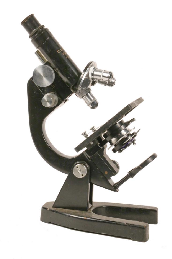 VINTAGE MICROSCOPE: Ernst Leitz, Wetzlar, Monocular Microscope, s/n 406650, (made in 1949), in black enamel finish, with coarse and fine rack and pinion focus, triple objective with the original Leitz lenses, mechanical 