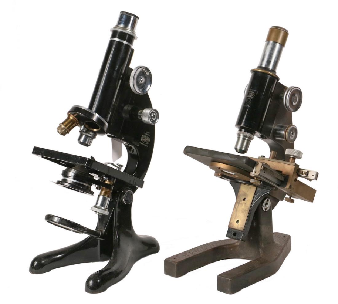 (2) VINTAGE MICROSCOPES: Both circa 1930s, including: Bausch & Lomb, s/n 305284, rack and pinion focus, with mechanical stage register, lacking mirror, single 10X B&L objective, 12" tall, some wear; PLUS R&J Beck of London Mo