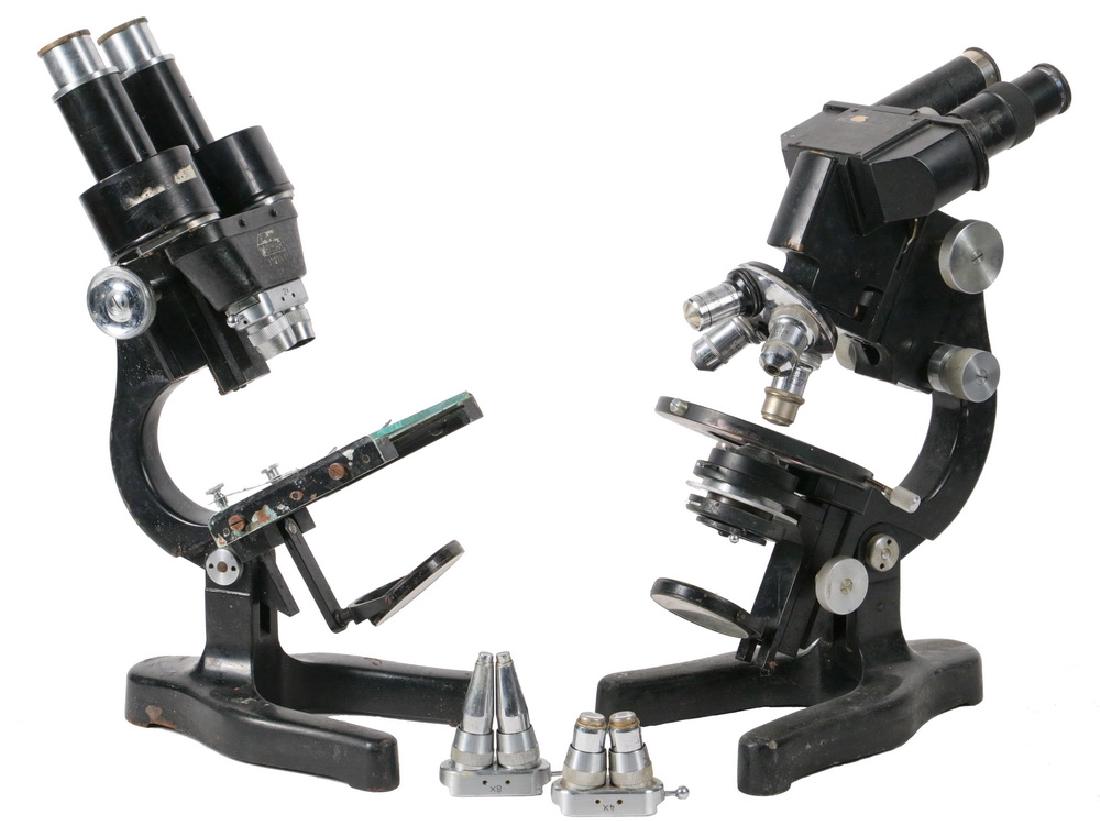 (2) VINTAGE COMPOUND MICROSCOPES: Both Ernst Leitz, Wetzlar, circa 1930s, binocular, including: s/n 332741, with x2/x4/x8 binocular objective lenses; PLUS Leitz Binocular Microscope, circa 1948 "Ernst Leitz, Wetzlar", no. 383976, quad