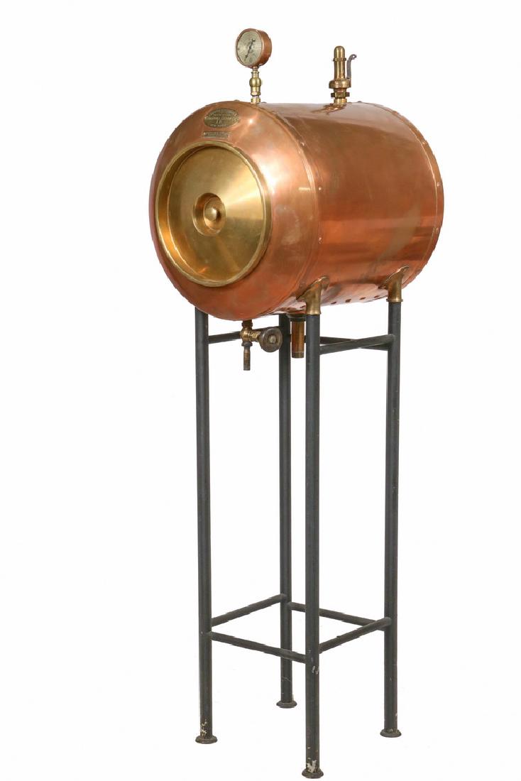 ANTIQUE MEDICAL STERILIZER: "Eclipse Sterilizer" Circa 1900 Solid Copper & Brass Sterilizer on steel stand, Bramhall-Deane Co., New York, with 1900 patent, retail tag from Bausch & Lomb, with pipe connection and drainage valve o