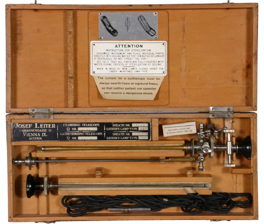 AUSTRIAN MEDICAL INSTRUMENT: Josef Leiter (1830-1892) Cystoscope, Examining Telescope nr. 5258; Catheterizing Telescope nr. 5272; Sheath nr. 18550, Leiter's Lamp Type x47 (includes extras), in fitted birch case, 1 3/4" x 14" x 6"
