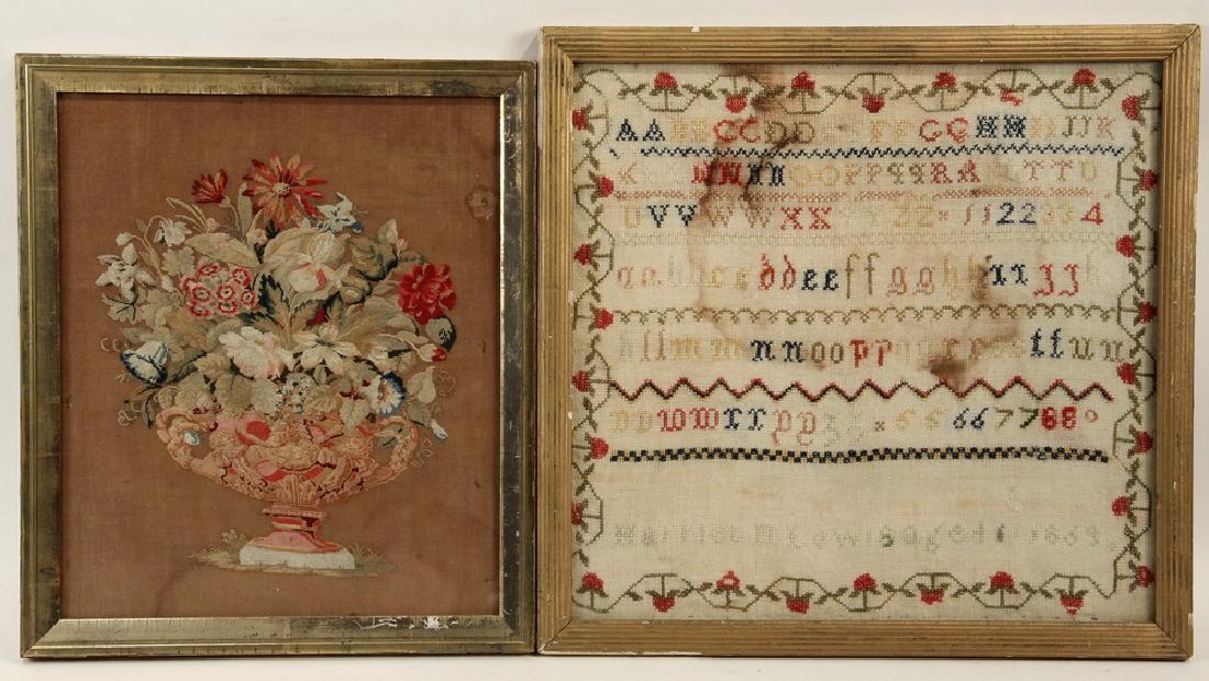 (2 PCS) 19TH C. NEEDLEWORK: Including: Fine English Petit Point of Romanesque Urn of Mixed Summer Flowers, circa 1830, wool on linen, in the original lemon gold frame liner, under new glass, OS: 16 1/4" x 14"; SS: 14 1/4" x 12",