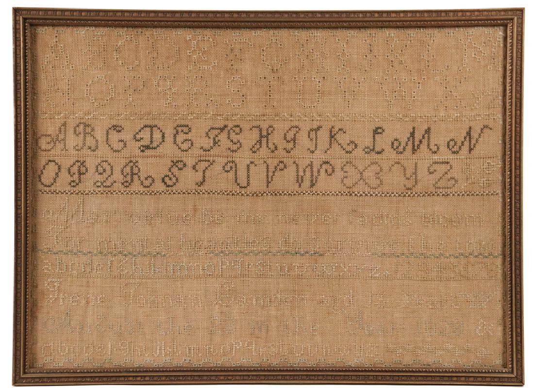 CAMDEN, MAINE 1828 SAMPLER: Alphabet and Sentiment Sampler in wool on coarse linen, signed "Irene Tolman, Camden, age 15 years, August the 23 in the year 1828", and with the stanza "May virtue be my never fading bloom, for menta