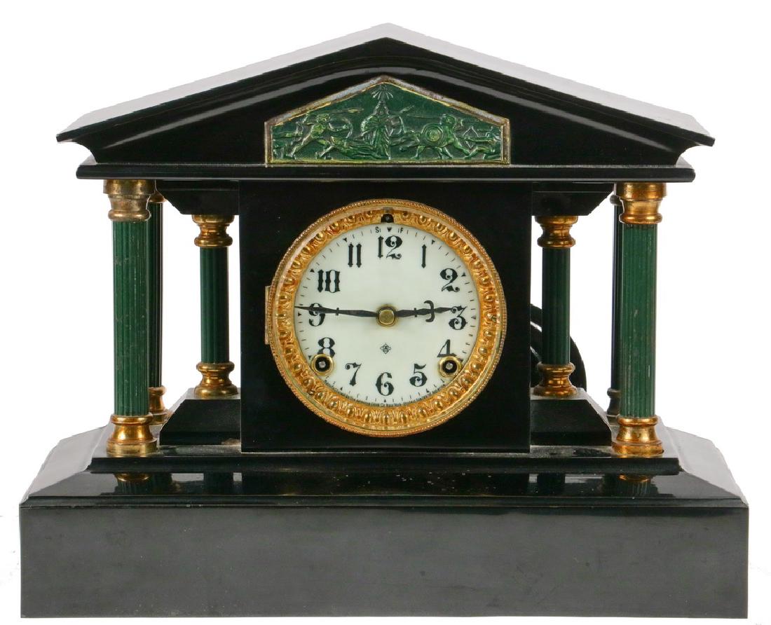 MANTEL CLOCK: Ansonia Clock Co. Brass Decorated Metal Mantel Clock, late 19th c., with Greek temple design and top panel depicting warriors, 8-day time and strike movement, brass works, with pendulum and key, pendu
