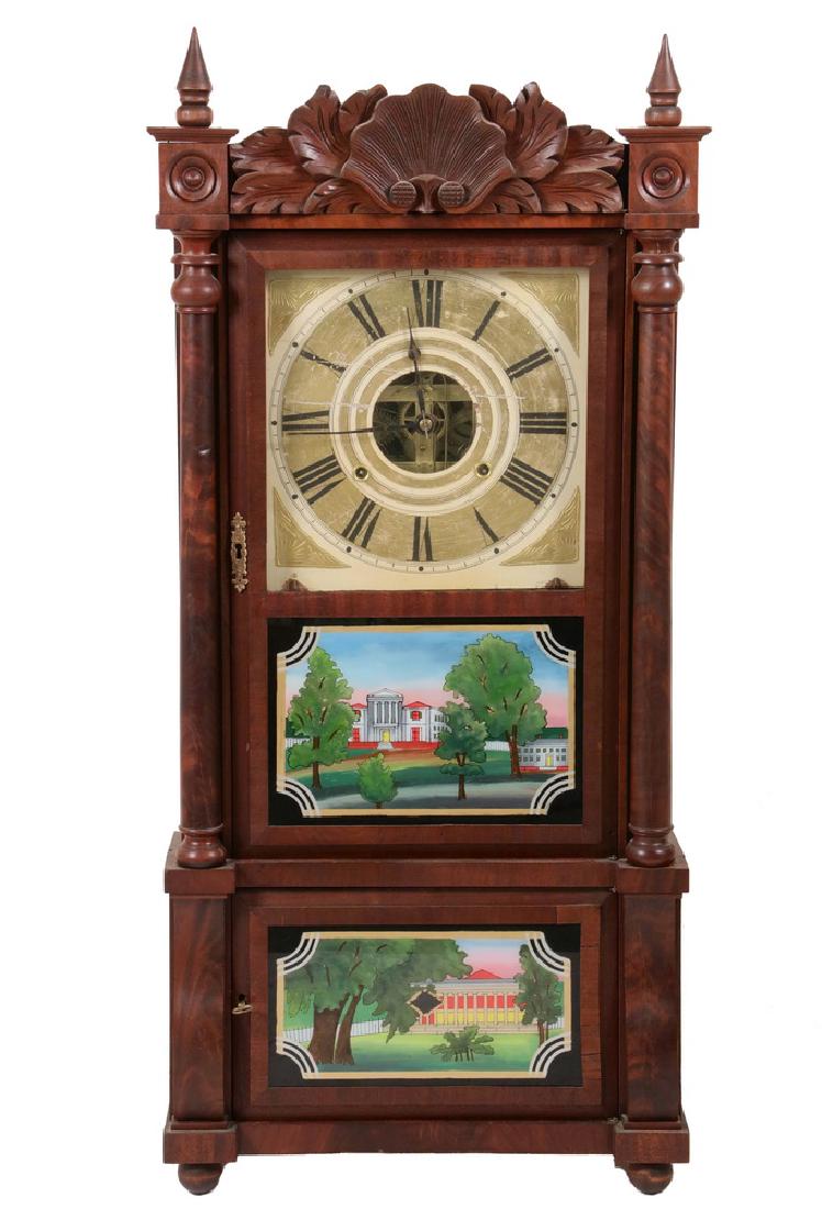 SHELF CLOCK: Triple Decker Mahogany Case Shelf Clock by Birge & Malloy, Bristol, Conn., mid-19th c., weight driven 8-day time and strike brass movement, with shell carved top splat, steeple finials, turned columns