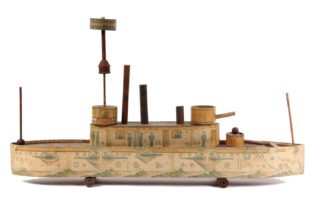 2TOY BATTLESHIP: Dreadnought 'Iowa', circa 1900, by the W.S. Reed Toy Company of Leominster, Mass. In litho on cardboard with wooden decks, towers, stacks and guns.