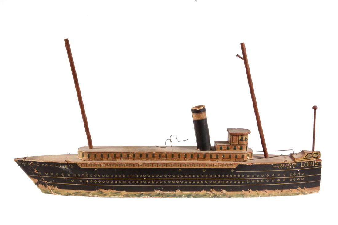 PAPER LITHO TOY BOAT: Famed Ocean Liner "St. Louis" by Bliss, paper litho on wood, with two wooden masts, wheelhouse, one of two stacks.